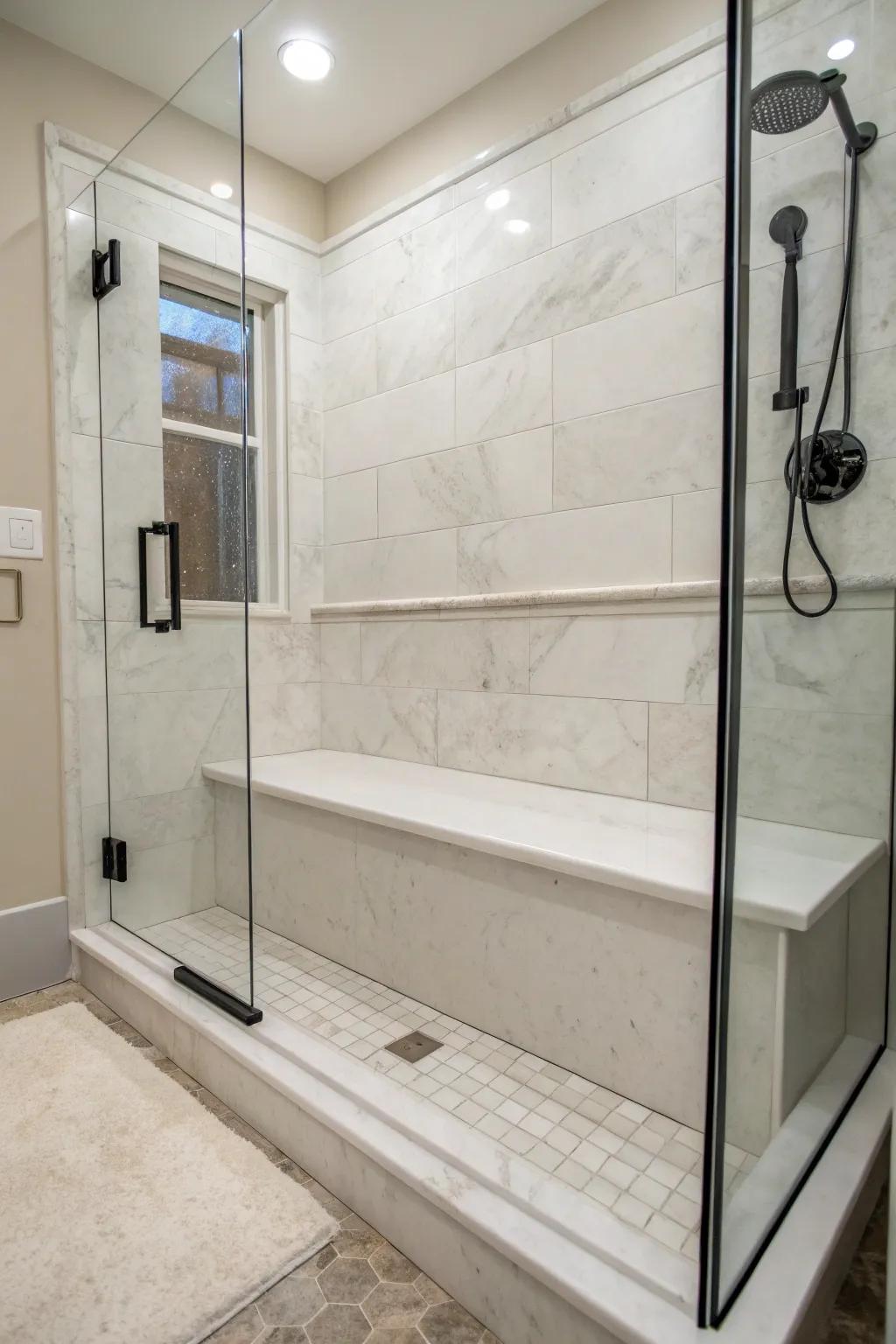 A shower seating area introduces practicality to manufactured stone showers.
