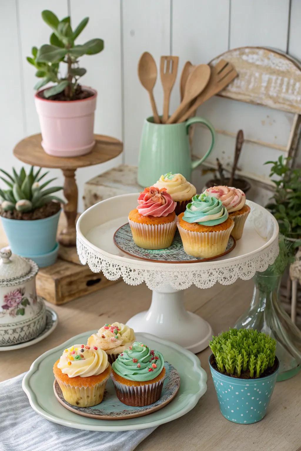 For an eco-friendly touch, the display makes use of repurposed plates and stands.