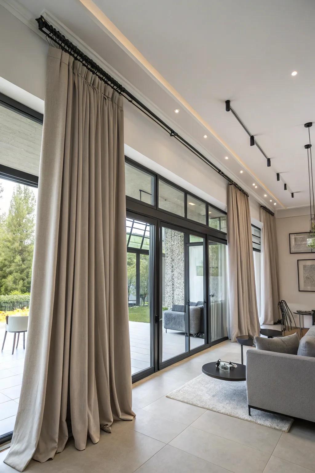 Top-attached curtain rods make rooms appear more spacious.