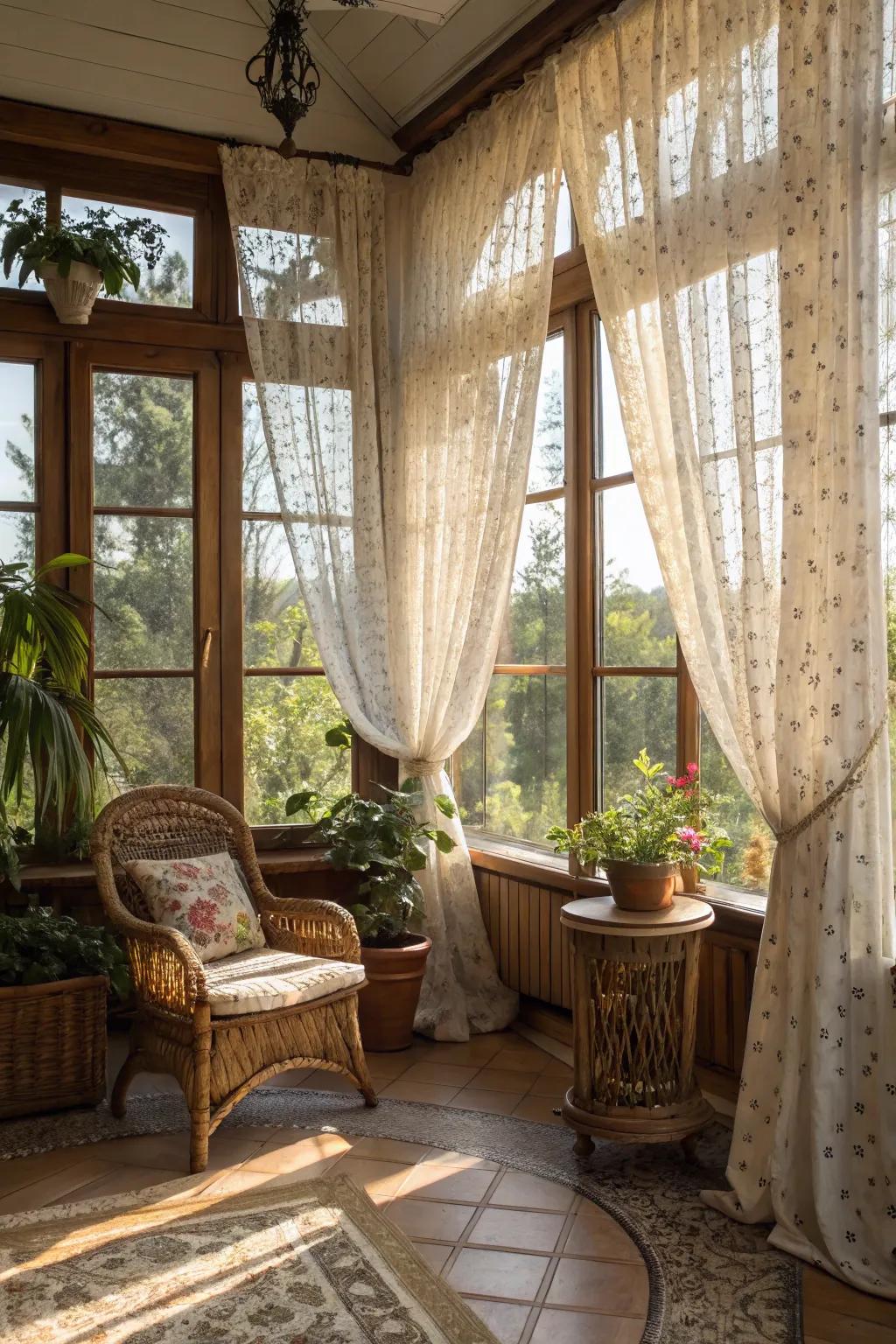 Vintage-inspired curtains can add classic elegance to your sunroom.