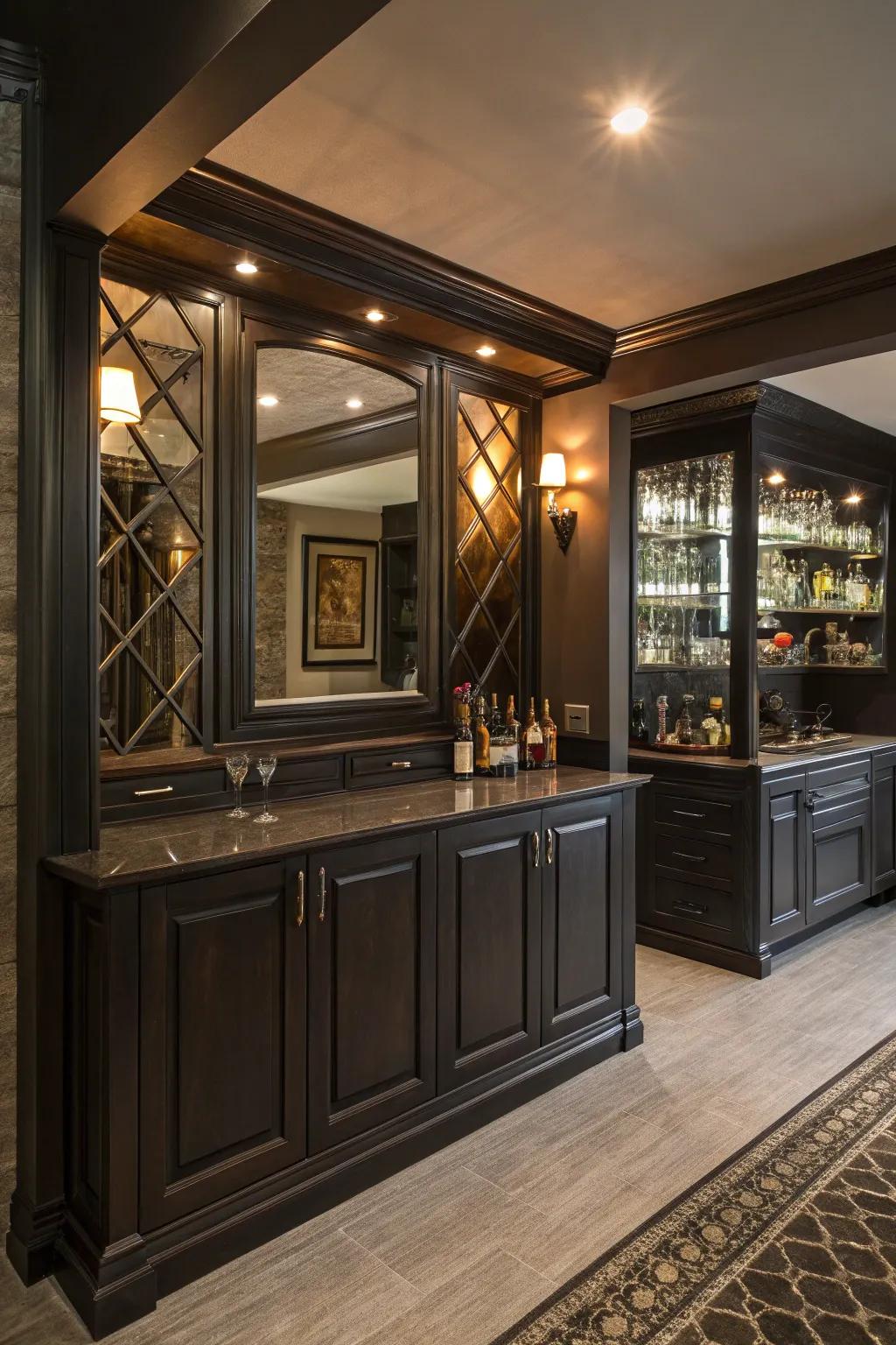 A masculine basement bar with dark cabinetry and mirrors.