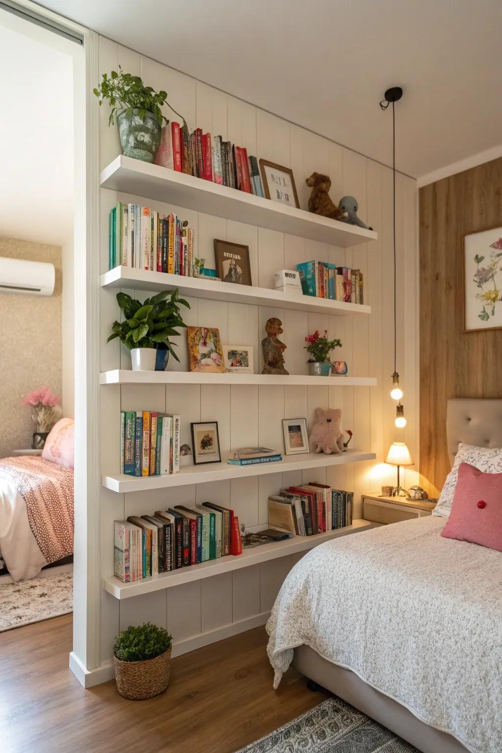 Elevated organization solutions keep the room organized and spacious.