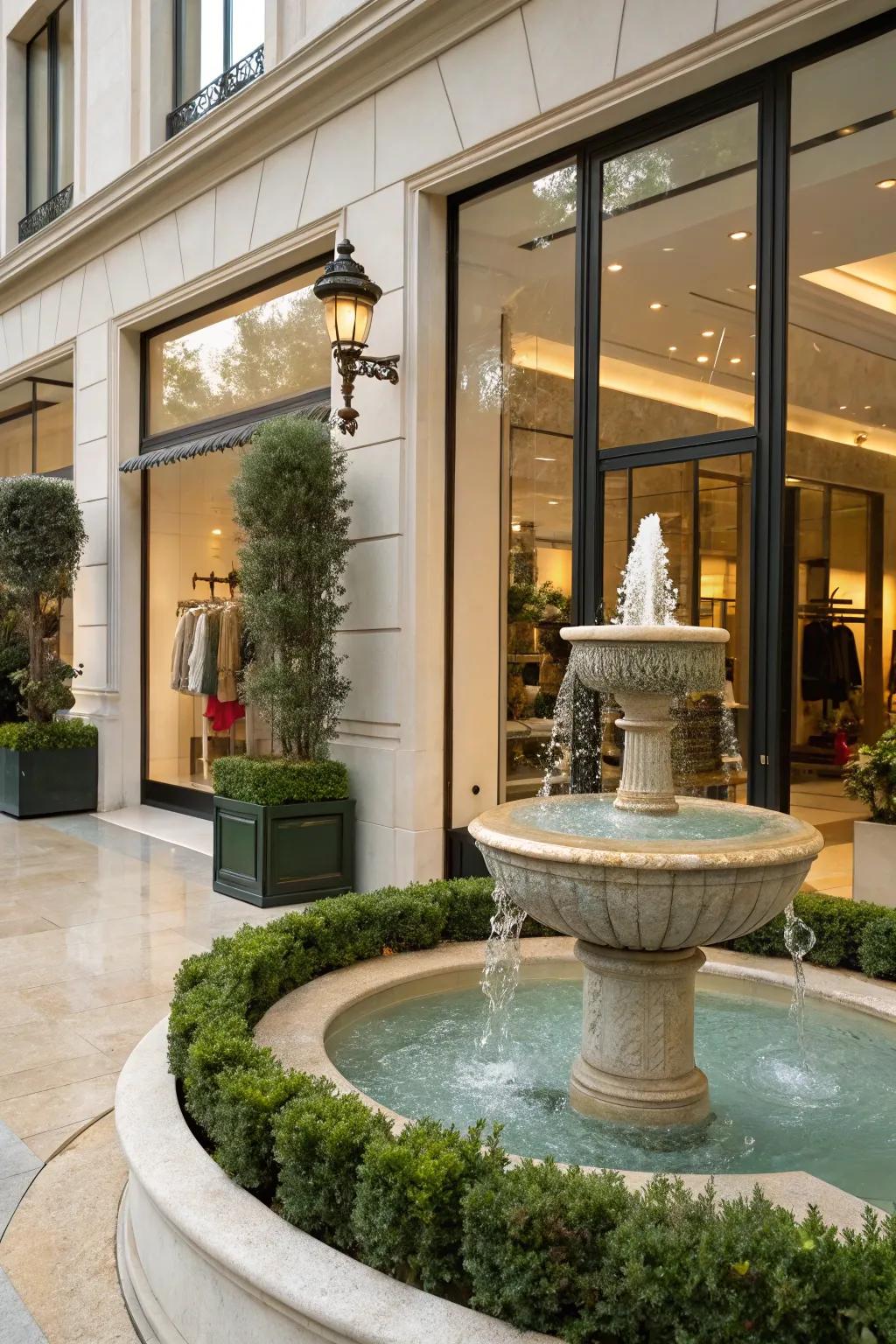 A shopfront enhanced by a small fountain, adding tranquility and elegance.