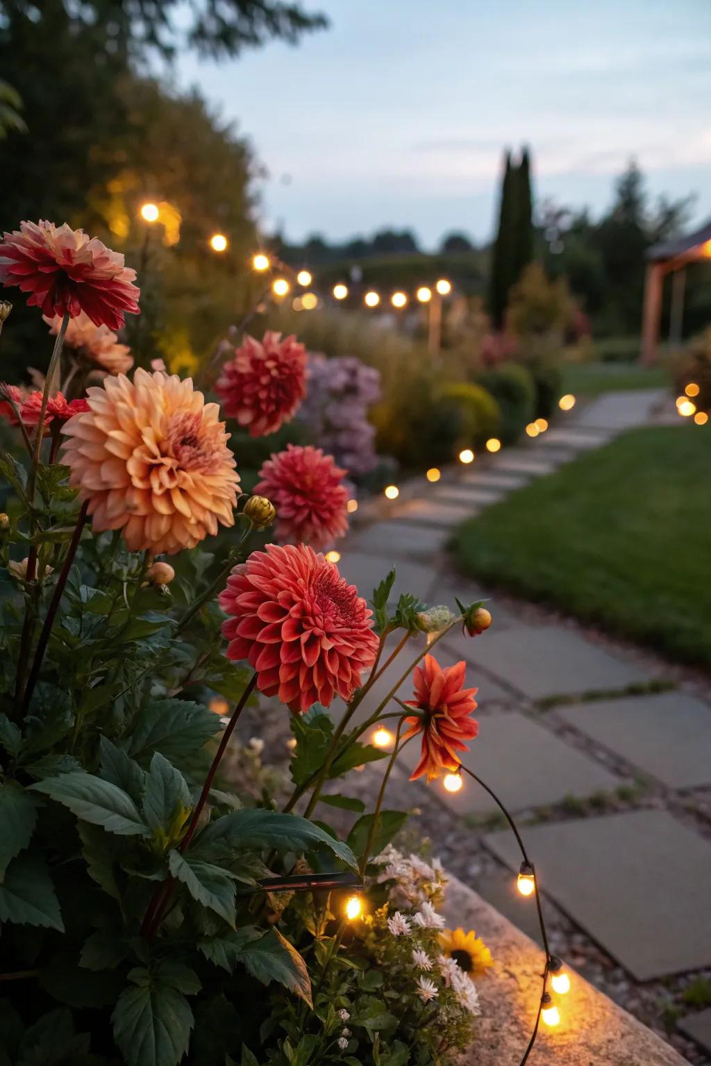 Garden lights casting a glow on evening sunburst blossoms.