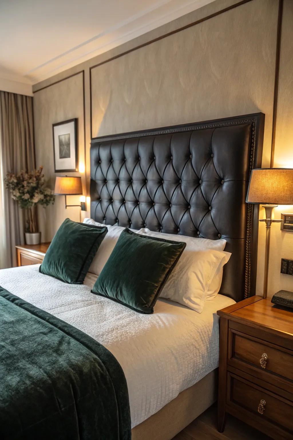 A charcoal leather bedhead introduces sophistication to the ambiance.