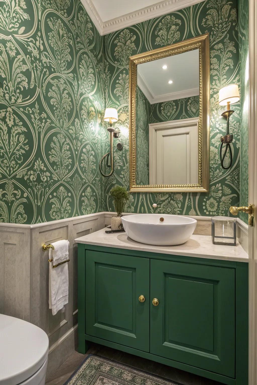 Intricate green wallpaper adds texture and sophistication.