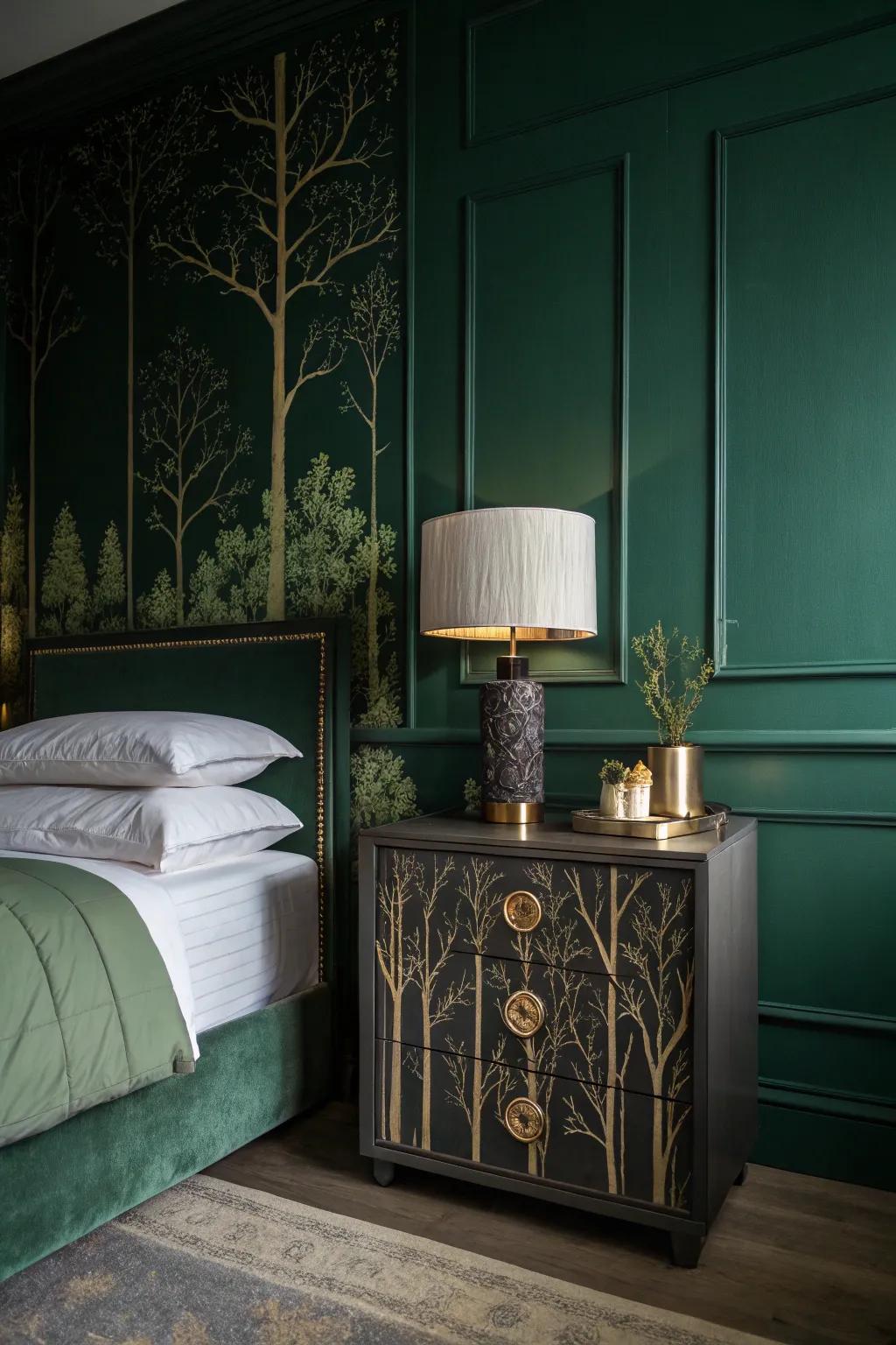 A shadowy jade bedroom with sleek deep woods nightstands enhancing the sophisticated vibe.