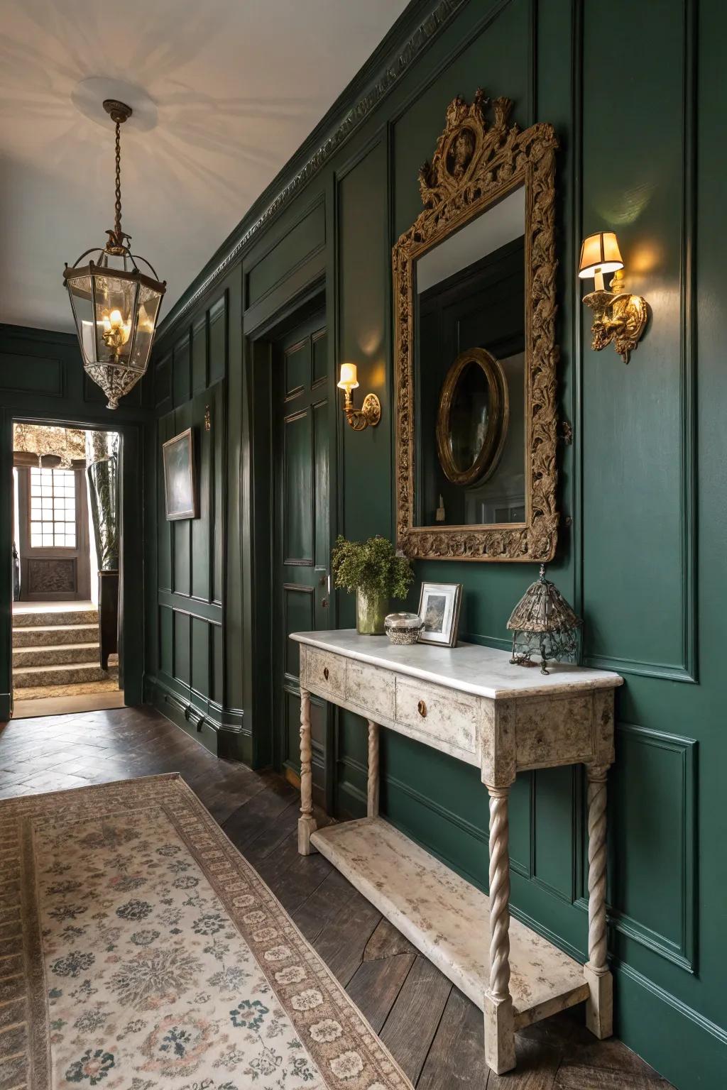 Antique details instill allure into the verdant hallway.