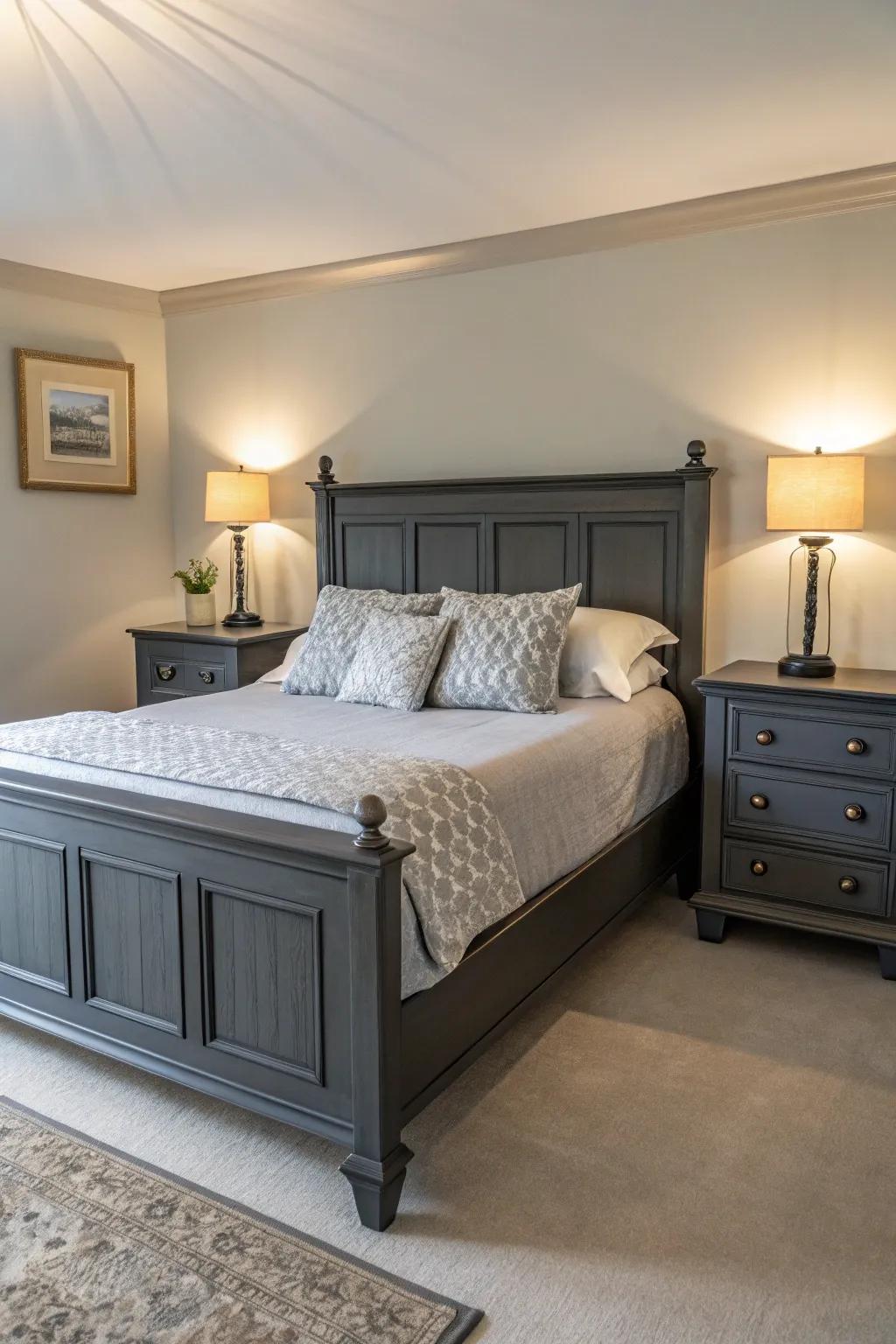 Symmetry brings balance and tranquility to a grey-themed boudoir.