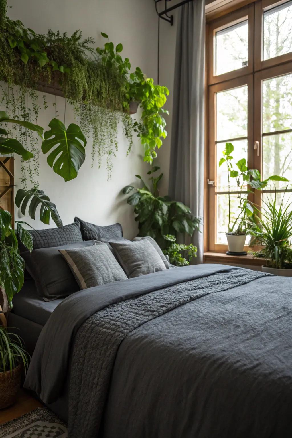 Greenery adds freshness and vitality to dark grey bedding.