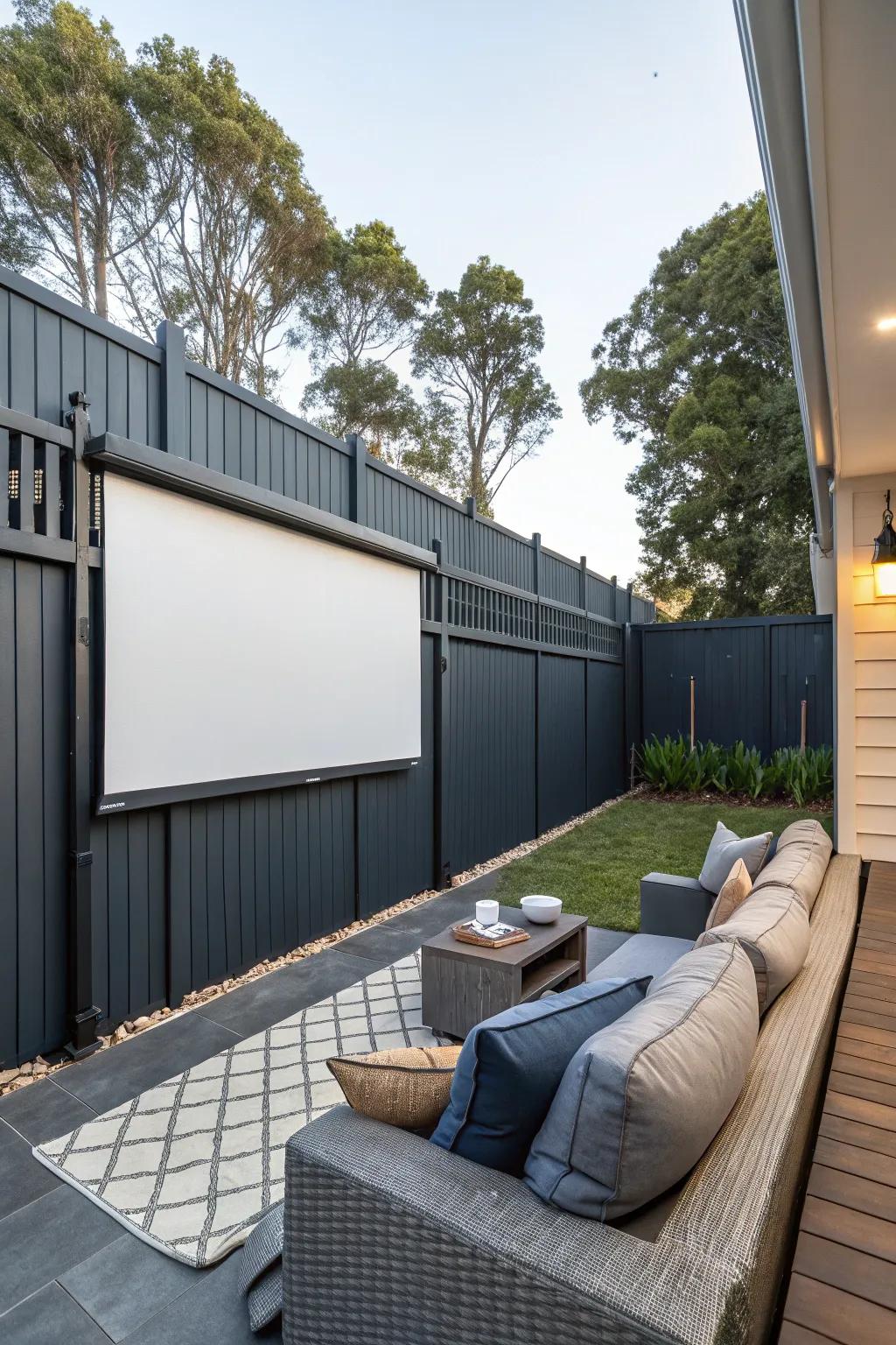 An outdoor entertainment zone with a deep charcoal fence and a projector screen for movie nights.