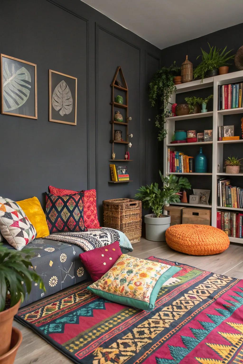 Designs giving energy and flow to a grey room.