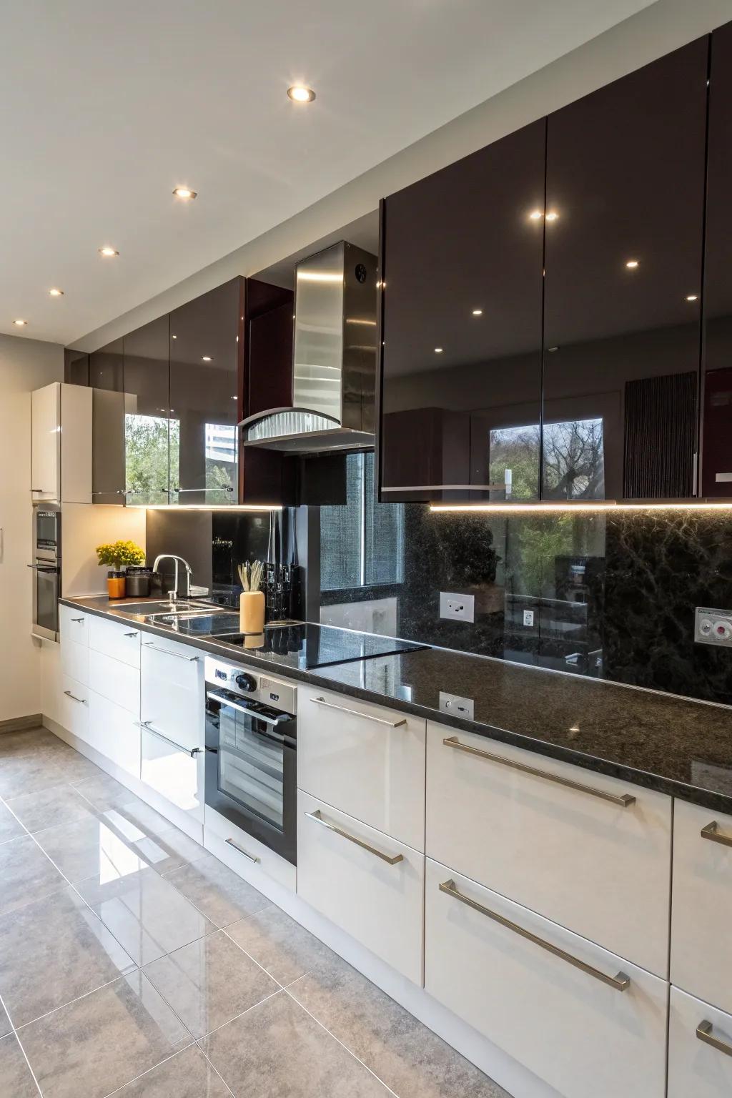 A chic kitchen design featuring a dark glass backsplash that enhances light and space.