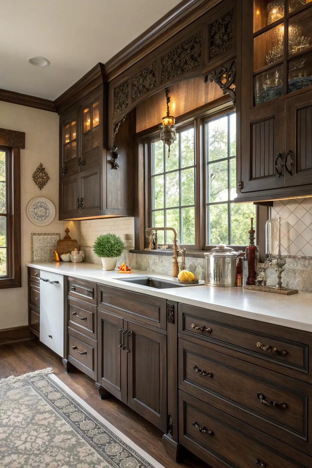 Vintage hardware contributes a note of traditional charm to dark cabinets.