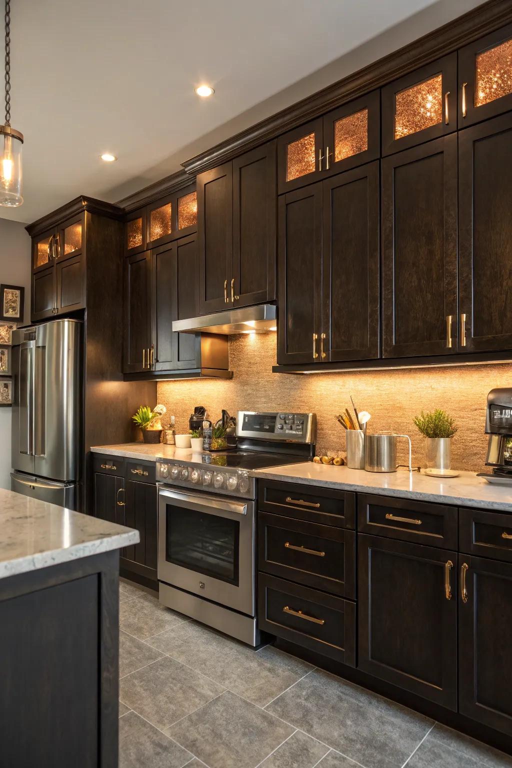 Warm metallic accents contribute opulence and warmth to the cooking area.