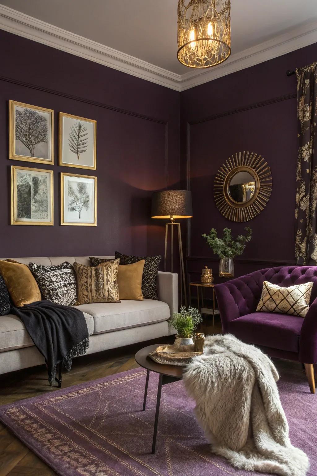 A mystical purple living room with enchanting decor.