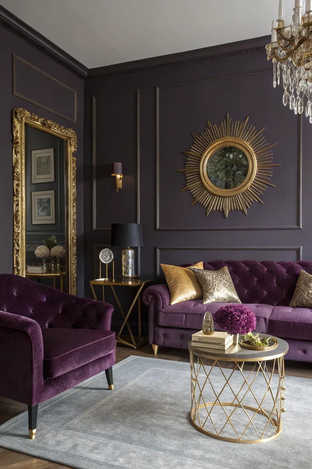 Gold metallic accents inject glamour and sophistication into this deep violet living room.