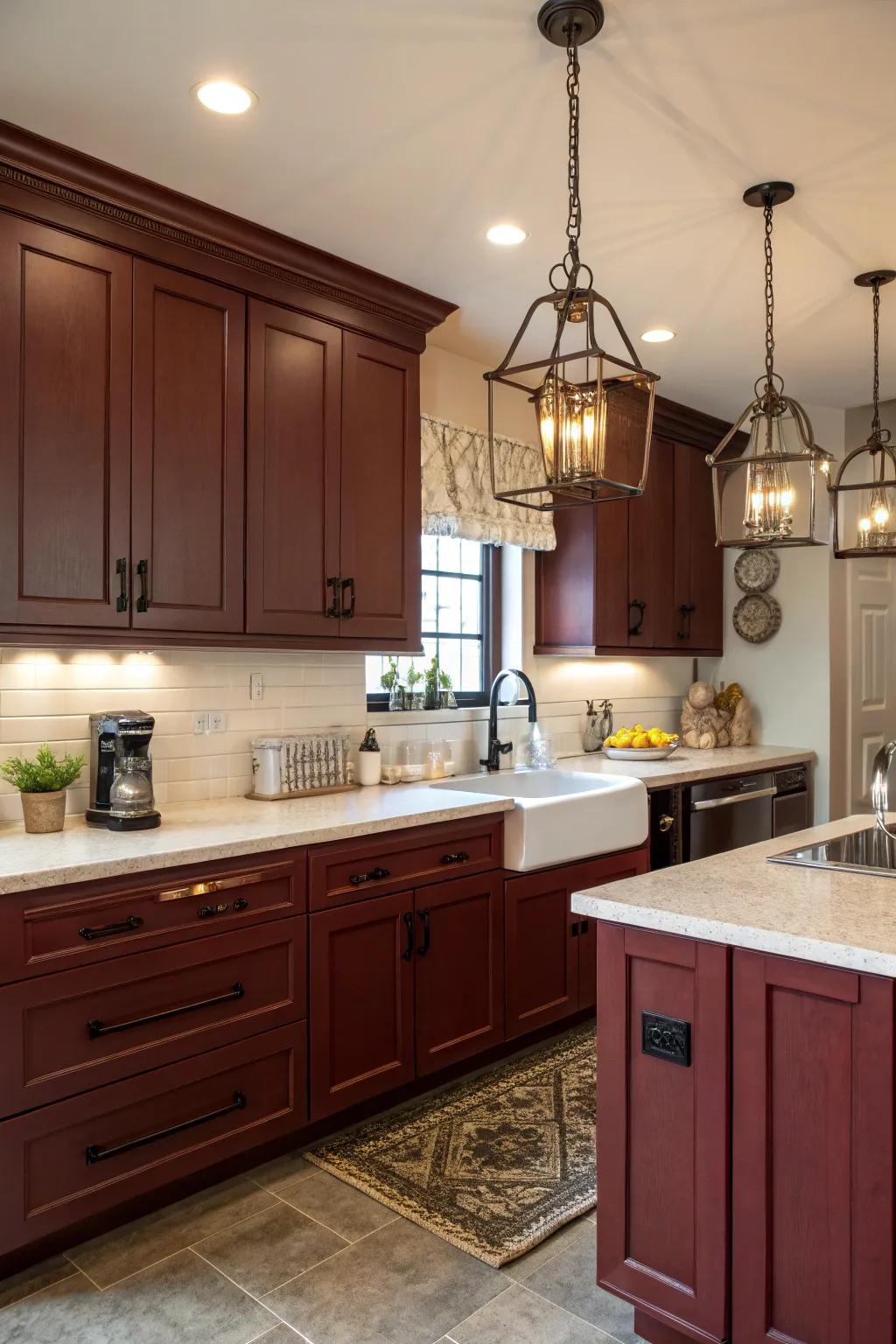Charming kitchen featuring scarlet-toned cabinets and classic touches.