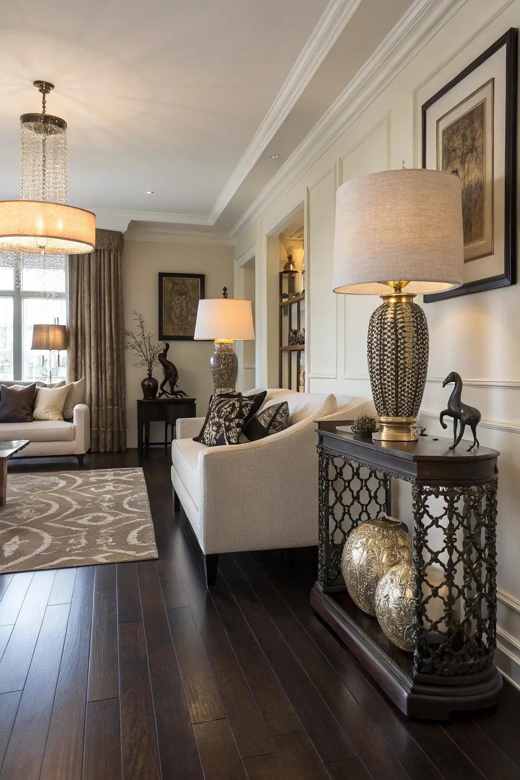 Stylish items enhance the charm of the wood floors.