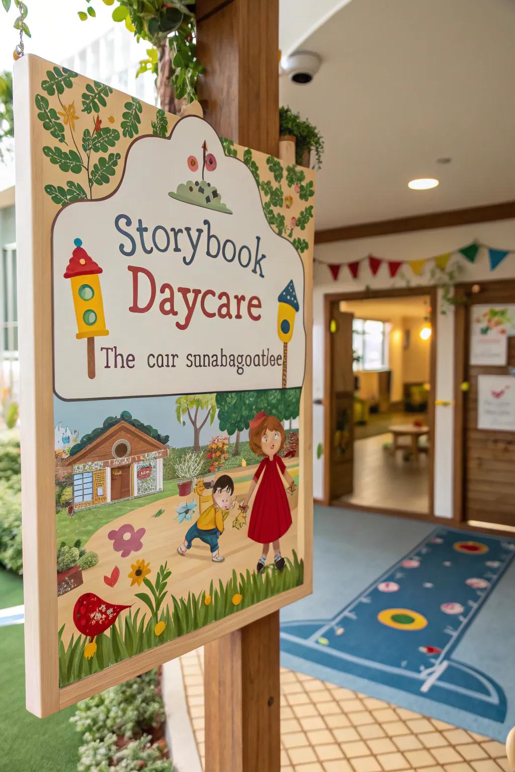 Whimsical illustrations on the daycare display tell a delightful story.