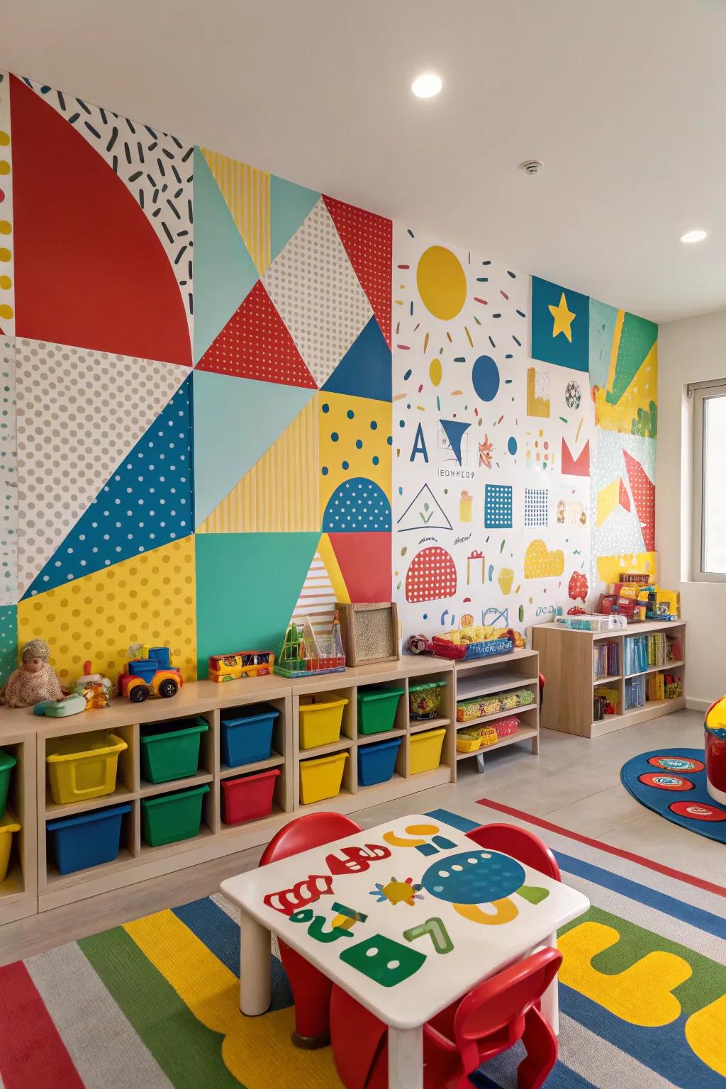 A vibrant daycare room with technicolor-themed wallpaper.