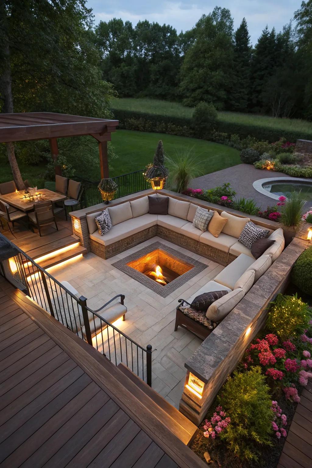 A sunken conversation pit offers a cozy nook for intimate gatherings.