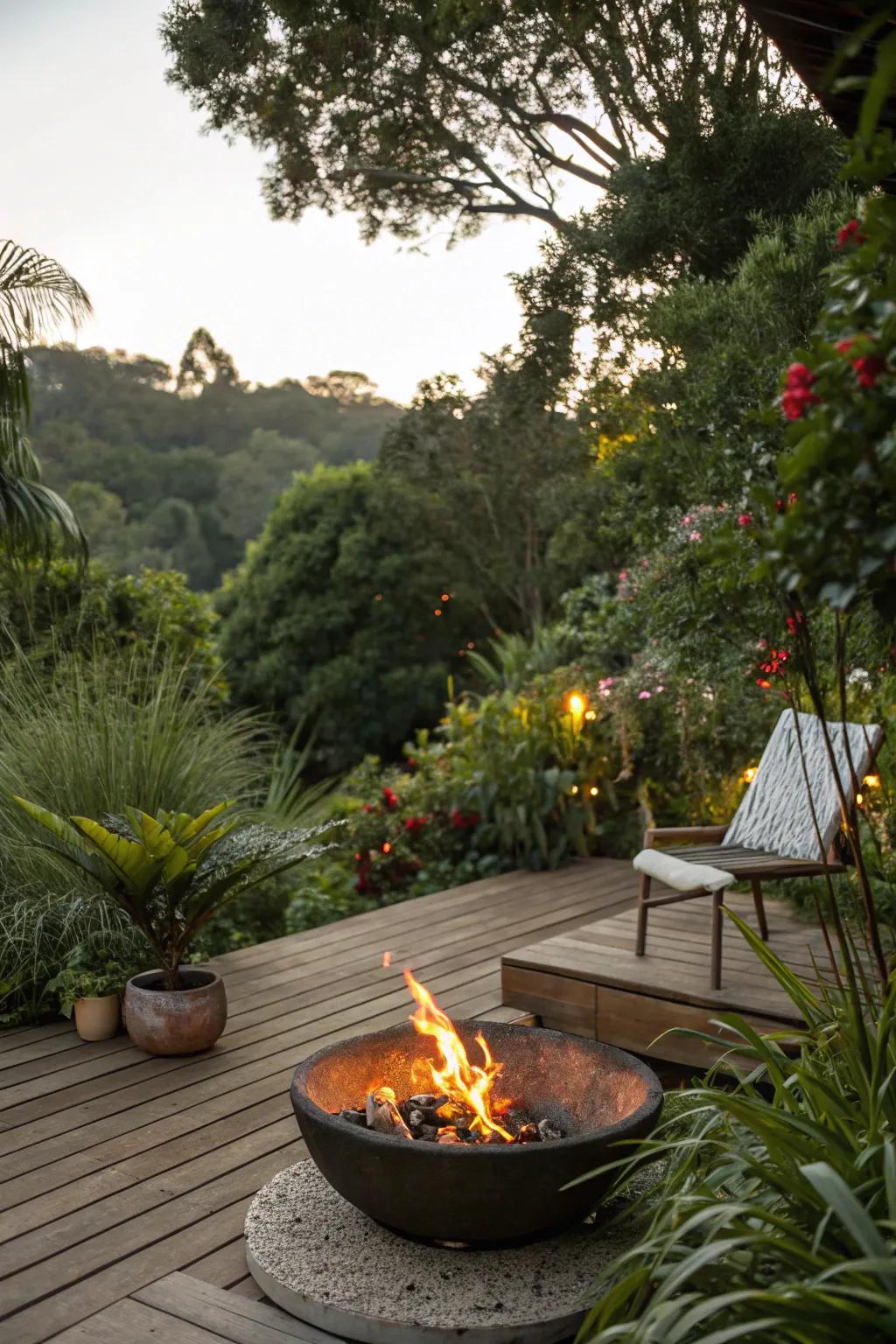 Enhance your deck’s inherent appeal with a hearth surrounded by plants.