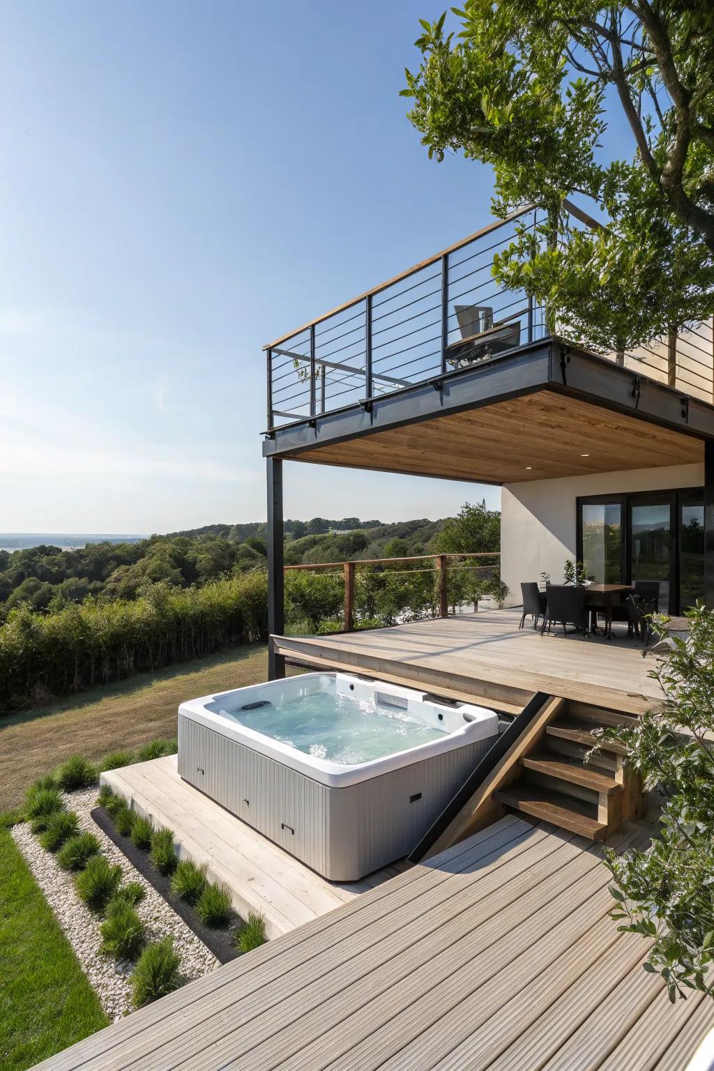 A floating deck contributes intrigue and a contemporary touch to the hot tub design.