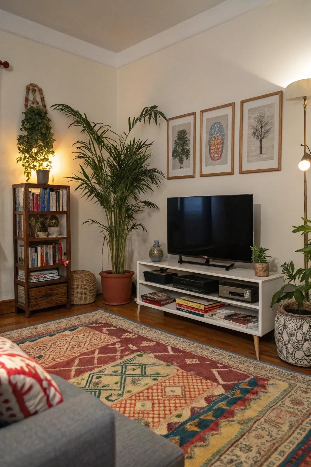 Asymmetrical decor imparts an active and fascinating look surrounding the TV.