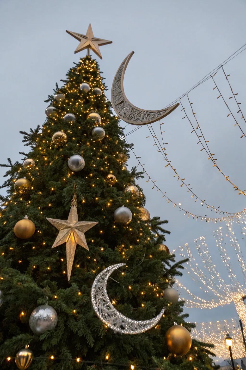 A celestial glimmer Christmas tree sporting elegant lights and decorations.