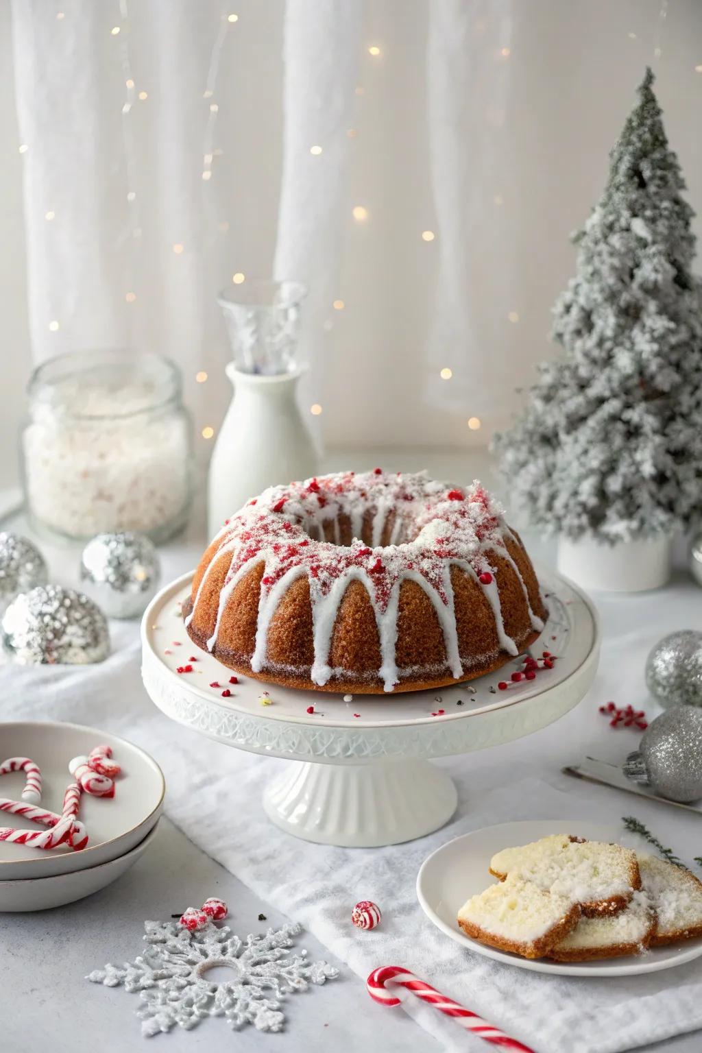 A bundt cake with a festive candy cane topping.