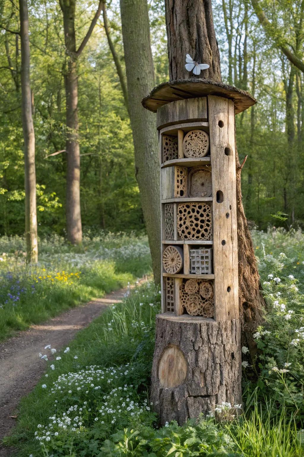 Sustain local fauna with an insect inn atop a tree stump.