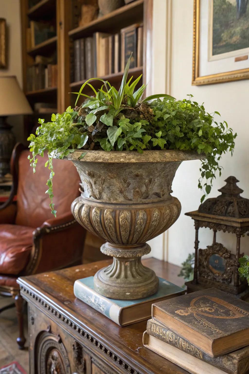 Antique receptacles repurposed as flora holders contribute greenery and charm.