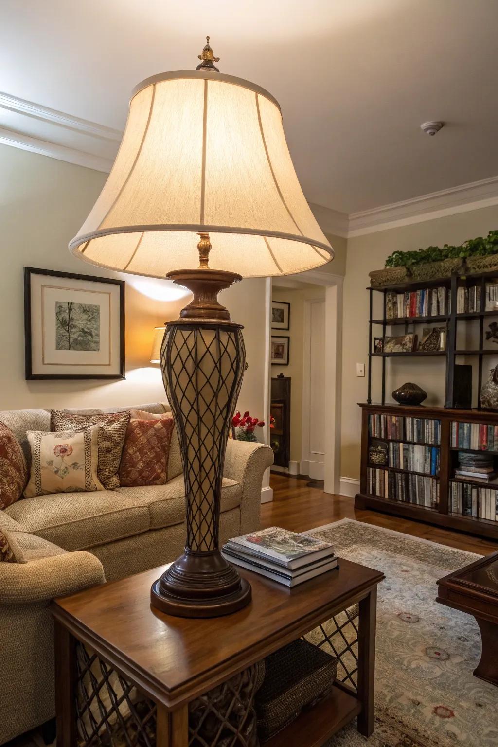 An oversized lamp creates a striking focal point.