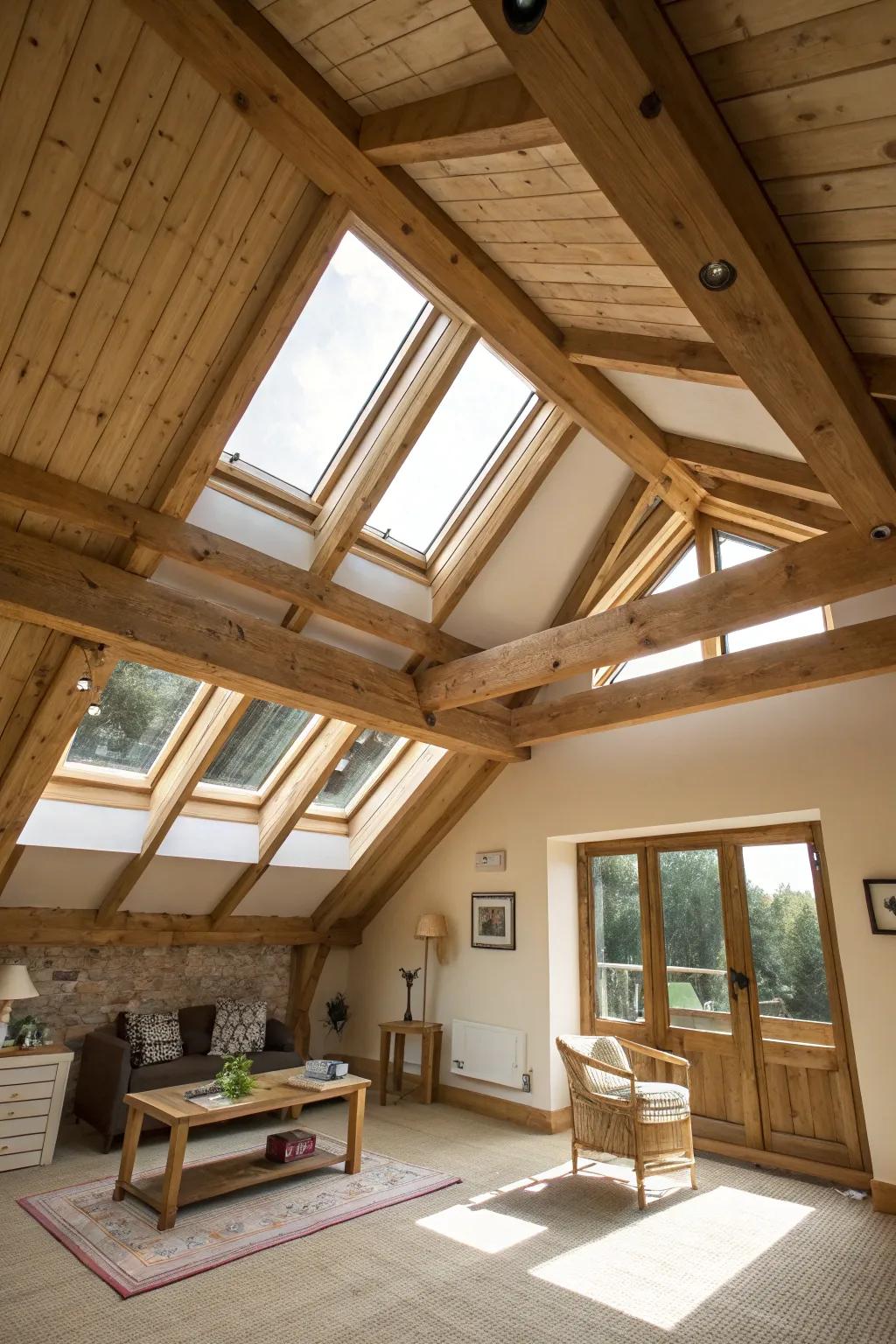 Beams, when coupled with skylights, beautifully enhance natural light.