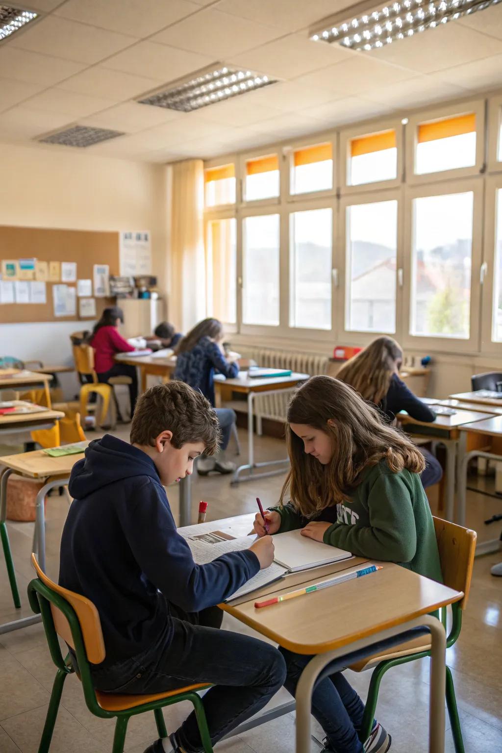 Paired desks help peer learning.