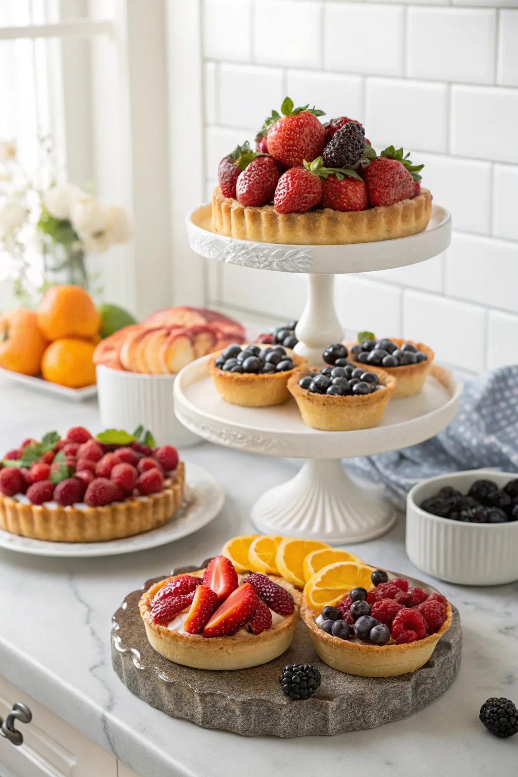 Bright and fresh seasonal fruit tarts.