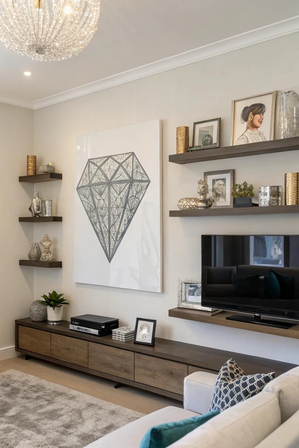 Curated elegance with floating shelves.