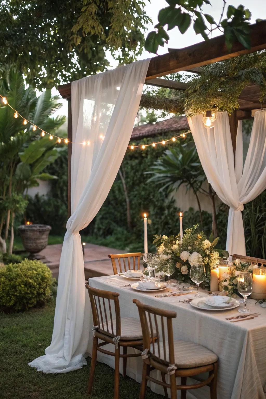 A ivory draped top covering makes for a dreamy, intimate eating experience.