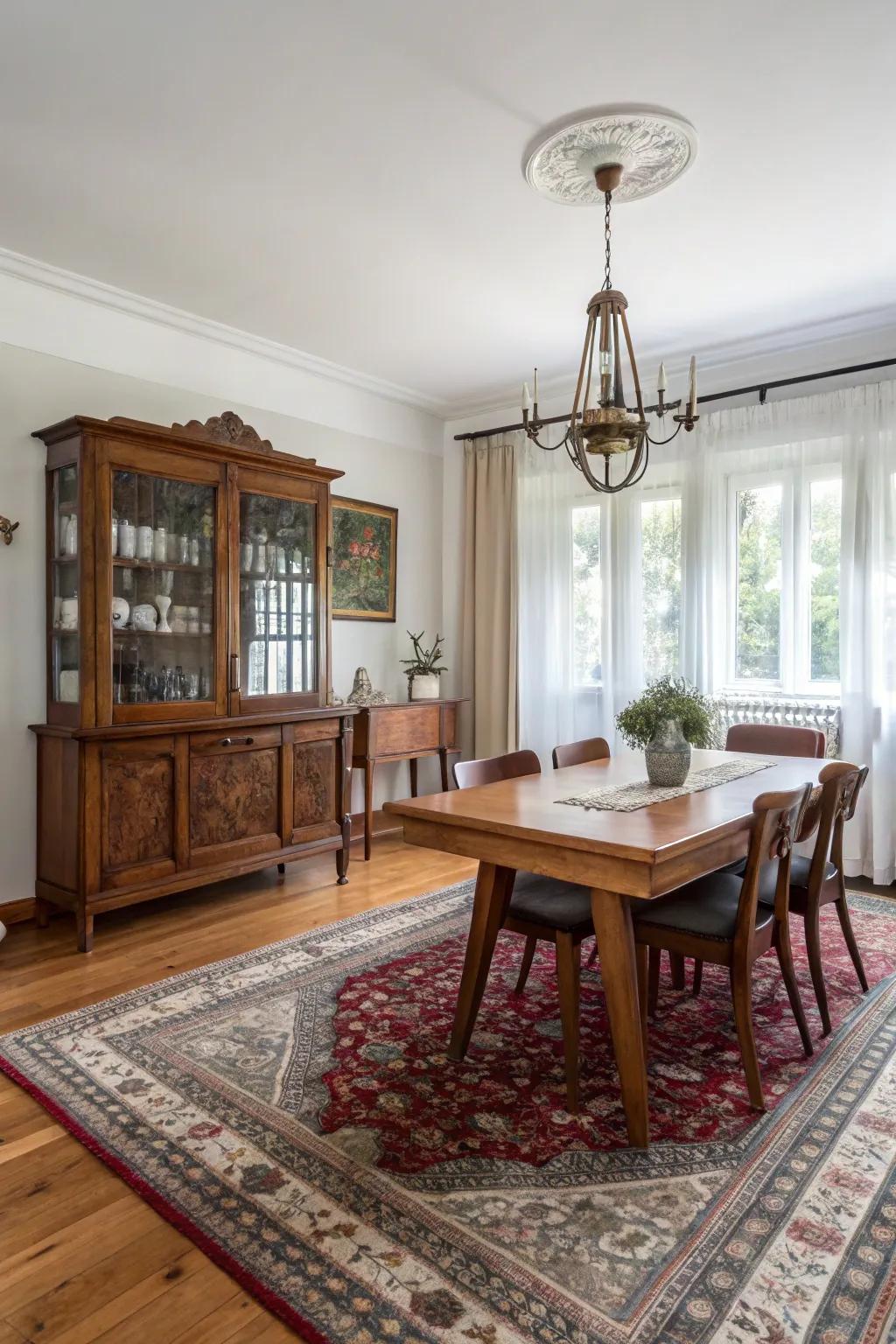 Time-honored carpets adding an eclectic and hand-picked sensation to the dining room.