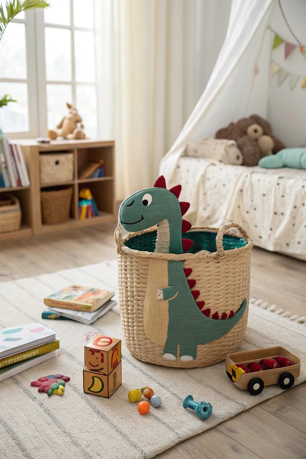 A woven dinosaur basket, harmonizing efficient storage solutions with playful design, perfect for keeping spaces tidy and fun.