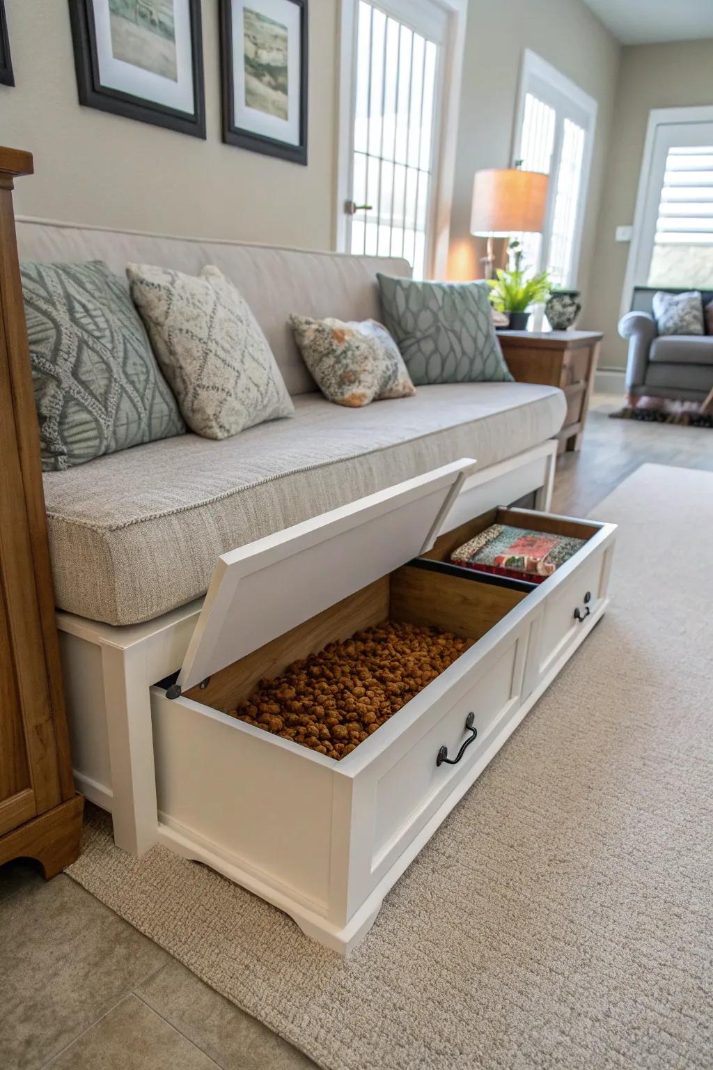 Furniture that converts and has hidden spots keeps dog food storage hidden and stylish.