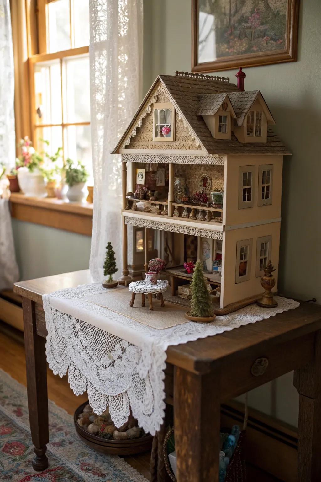 A vintage table adds character to dollhouse displays.