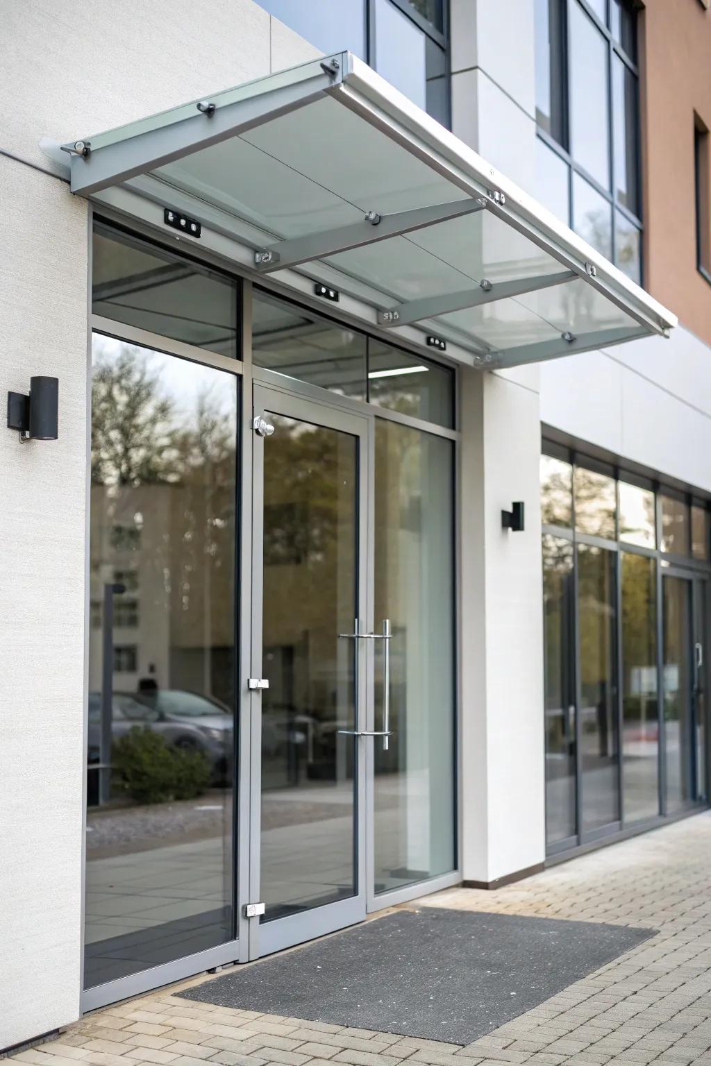A minimalist polymer awning maintaining a sleek and airy look.