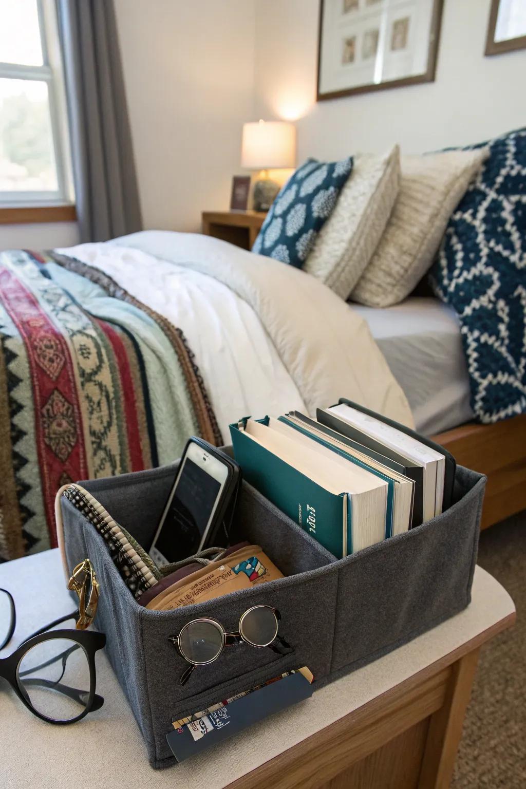 A bedside caddy keeps necessities close at hand at night.