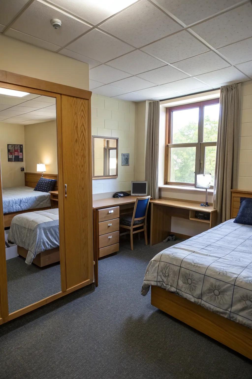 Mirrors add depth and brightness to the area.