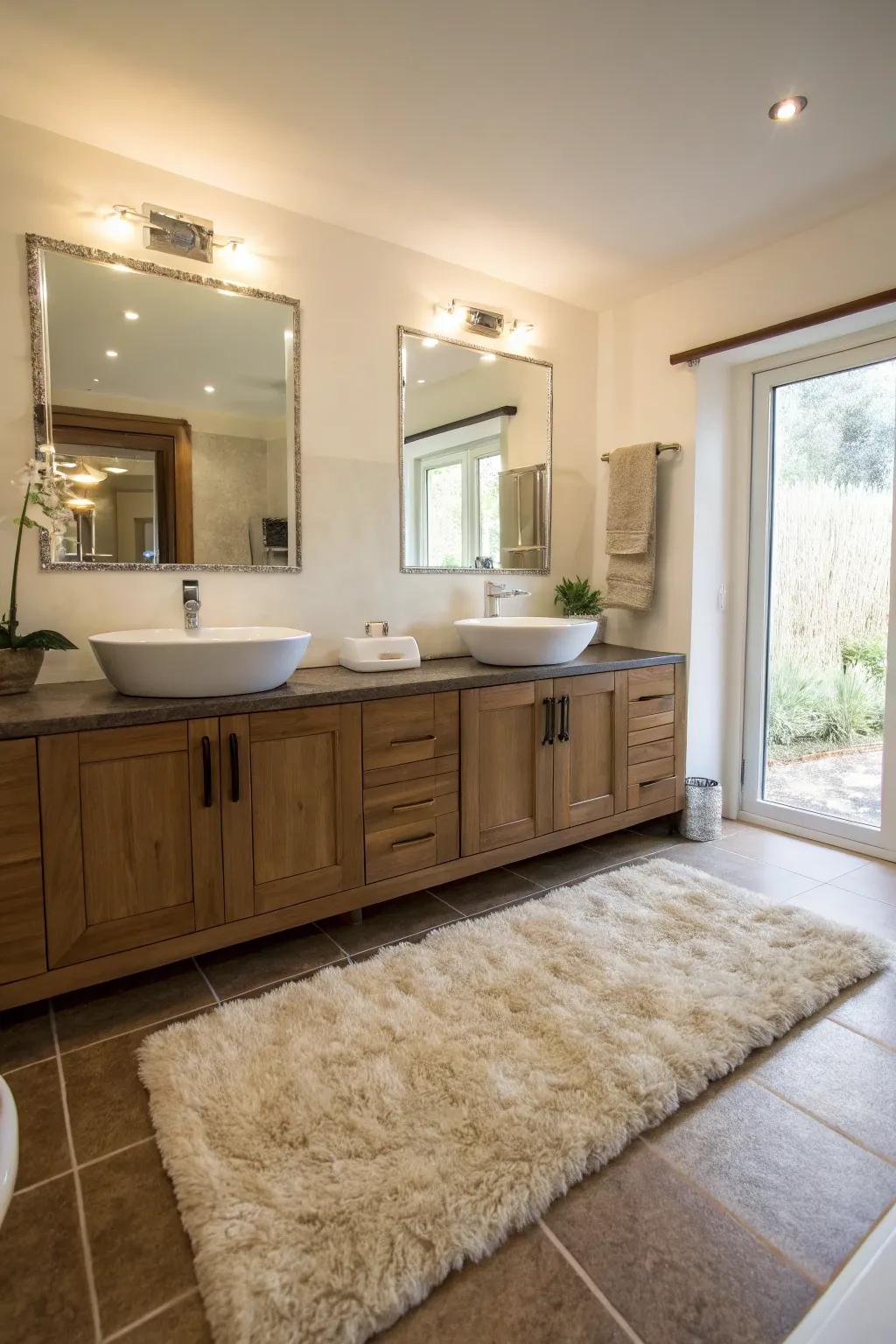 A plush rug brings warmth and comfort to this bathroom featuring double sinks.