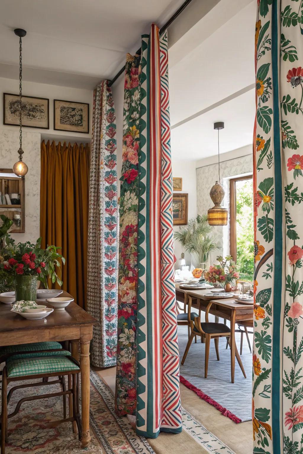 Audacious patterned draperies forging an eclectic and vibrant dining area.