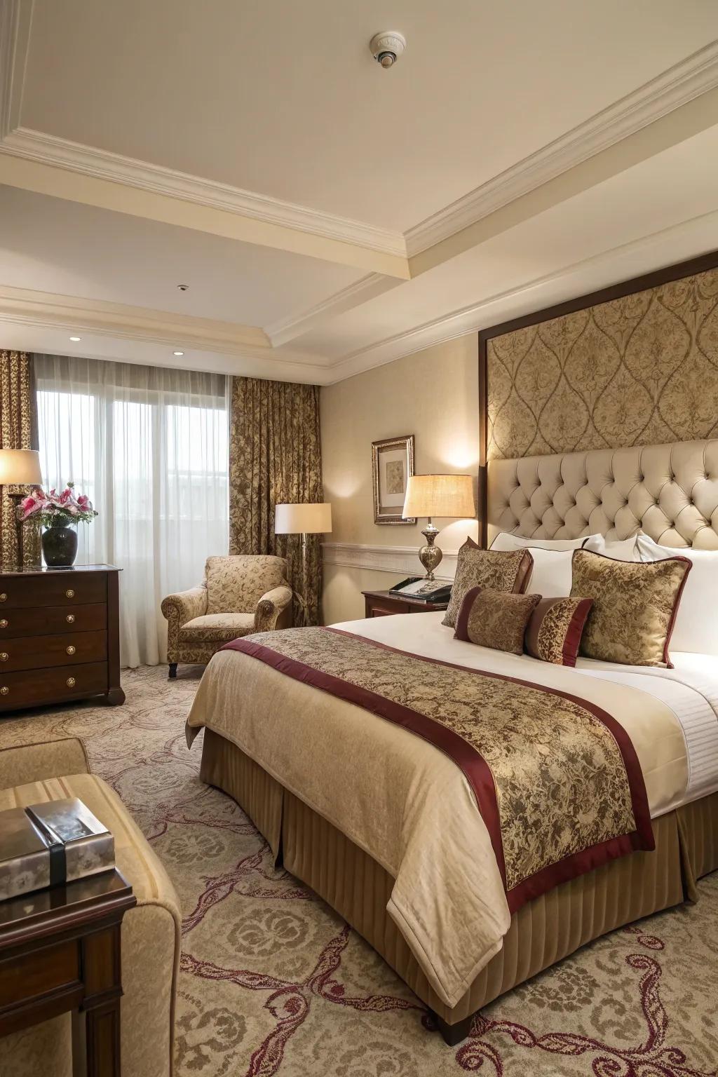 Luxurious lodging ambiance delivers the quintessential bedroom indulgence.