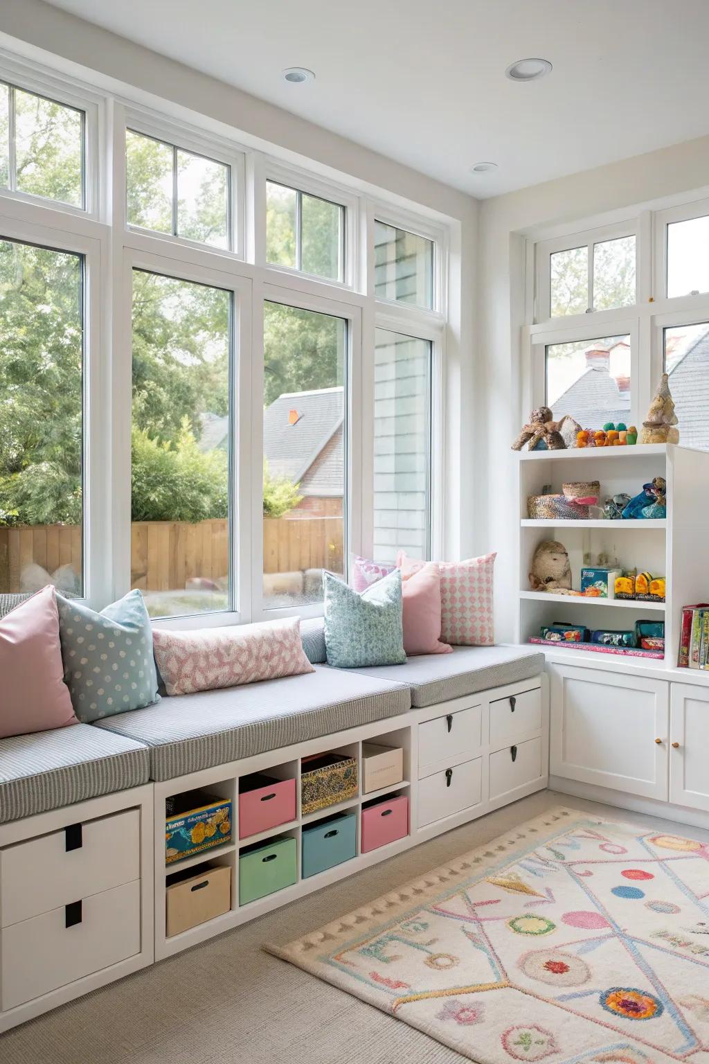 Multi-purpose furniture optimizes the play area.